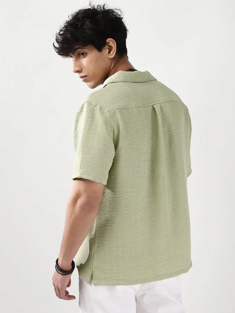 Urbano Fashion  Urbano Fashion Men's Pastel Olive Cotton Half Sleeve Oversized Fit Textured Shirt with Cuban Collar  | Best Price UAE