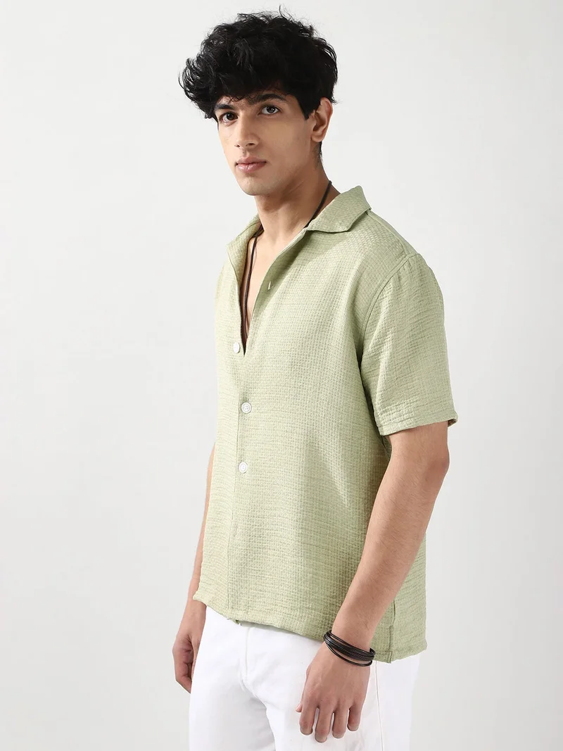 Urbano Fashion  Urbano Fashion Men's Pastel Olive Cotton Half Sleeve Oversized Fit Textured Shirt with Cuban Collar  | Best Price UAE