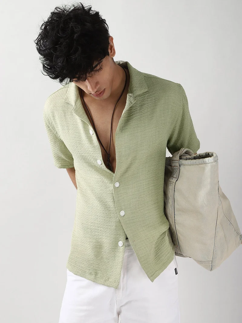 Urbano Fashion  Urbano Fashion Men's Pastel Olive Cotton Half Sleeve Oversized Fit Textured Shirt with Cuban Collar  | Best Price UAE
