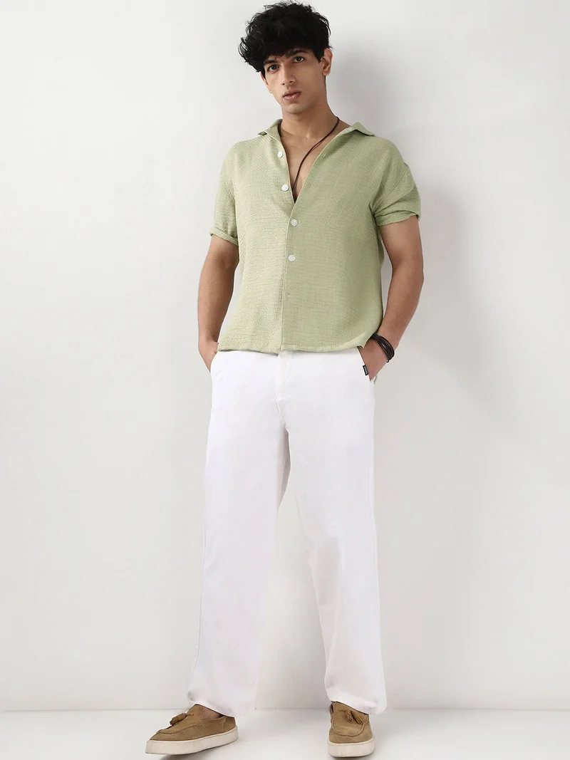 Urbano Fashion  Urbano Fashion Men's Pastel Olive Cotton Half Sleeve Oversized Fit Textured Shirt with Cuban Collar  | Best Price UAE