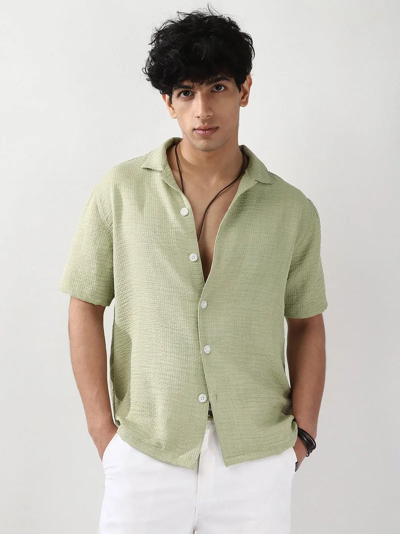 Urbano Fashion  Urbano Fashion Men's Pastel Olive Cotton Half Sleeve Oversized Fit Textured Shirt with Cuban Collar  | Best Price UAE