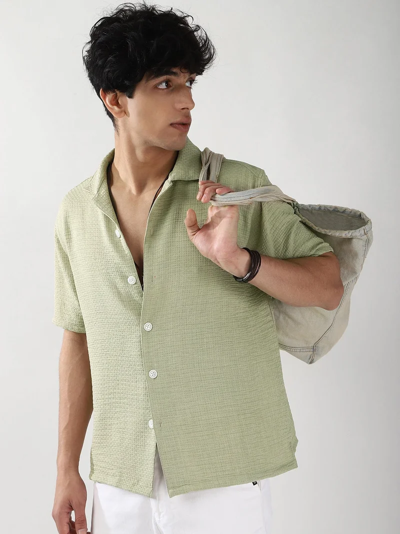 Urbano Fashion Men's Pastel Olive Cotton Half Sleeve Oversized Fit Textured Shirt with Cuban Collar