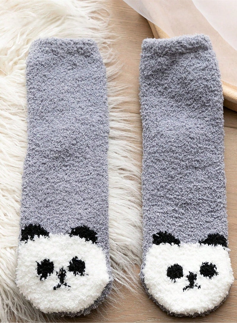 Women’s Fuzzy Socks 1 Pair Grey Mid-Calf Winter Socks With Cute Panda Design, Soft Warm Fluffy Home Sleeping Socks For Cold Weather, Size 36-39 - Image 2