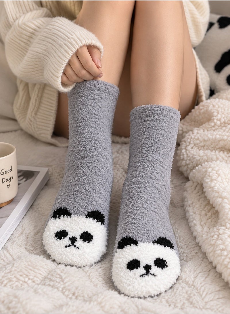Women’s Fuzzy Socks 1 Pair Grey Mid-Calf Winter Socks With Cute Panda Design, Soft Warm Fluffy Home Sleeping Socks For Cold Weather, Size 36-39 - Image 1