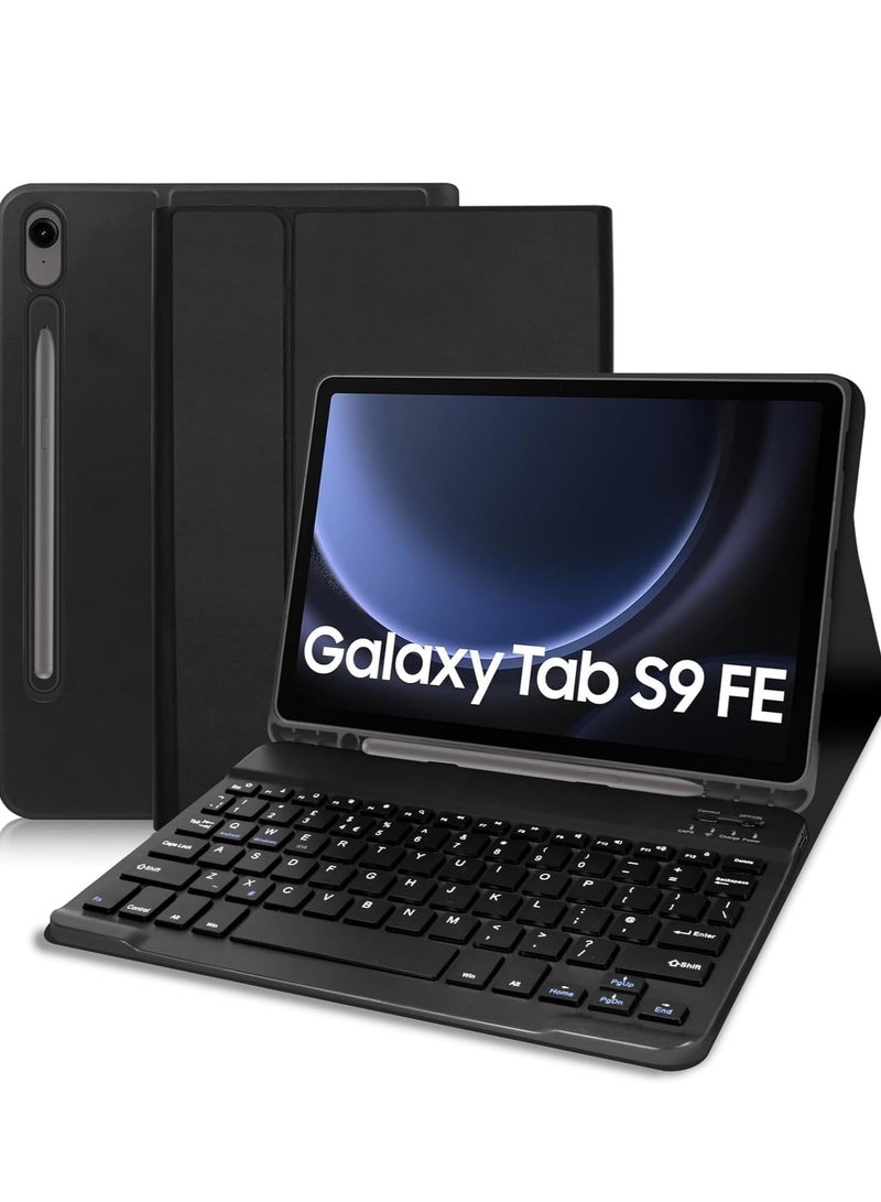 ميجوفاست حافظة لوحة المفاتيح لجهاز Galaxy Tab S9 FE من الإنجليزية إلى العربية، لوحة مفاتيح لاسلكية قابلة للفصل، غطاء واقٍ (Galaxy Tab S9 FE(10.9 بوصات) أسود - Image 1