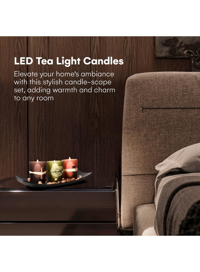 Dawhud Direct Decorative Votive Candle Holders, Vintage Decor Flameless Candlescape Set, 3 LED Tea Light Candles, Rocks aund Tray (Earth Tones) - Image 2