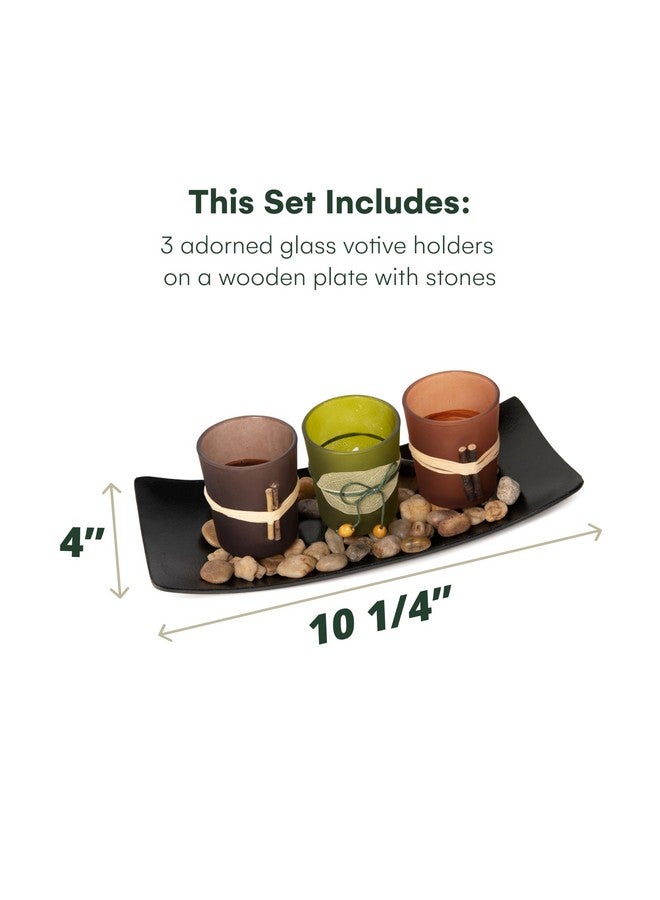Dawhud Direct Decorative Votive Candle Holders, Vintage Decor Flameless Candlescape Set, 3 LED Tea Light Candles, Rocks aund Tray (Earth Tones) - Image 3