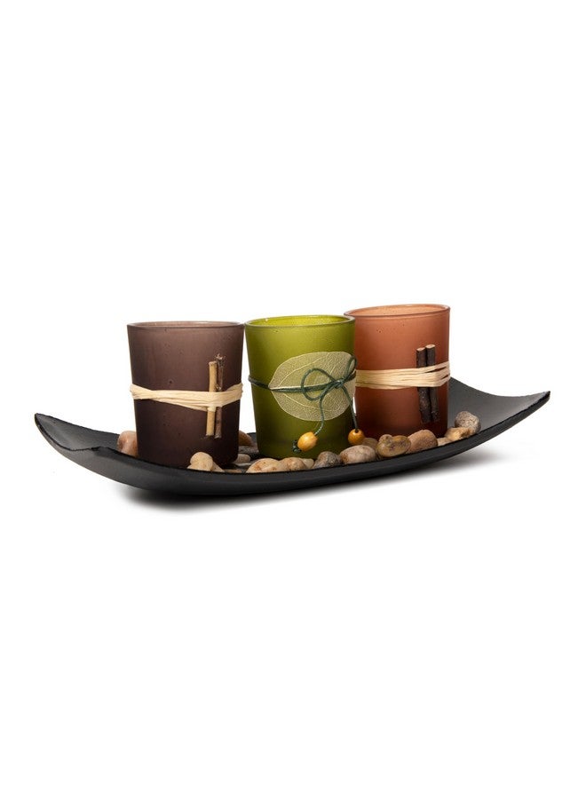 Dawhud Direct Decorative Votive Candle Holders, Vintage Decor Flameless Candlescape Set, 3 LED Tea Light Candles, Rocks aund Tray (Earth Tones) - Image 1