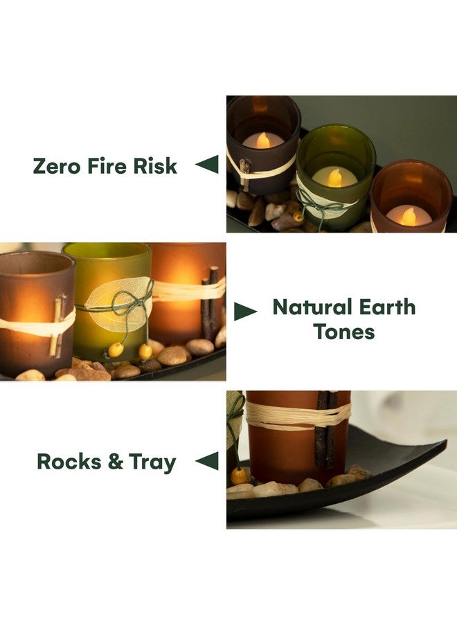 Dawhud Direct Decorative Votive Candle Holders, Vintage Decor Flameless Candlescape Set, 3 LED Tea Light Candles, Rocks aund Tray (Earth Tones) - Image 5