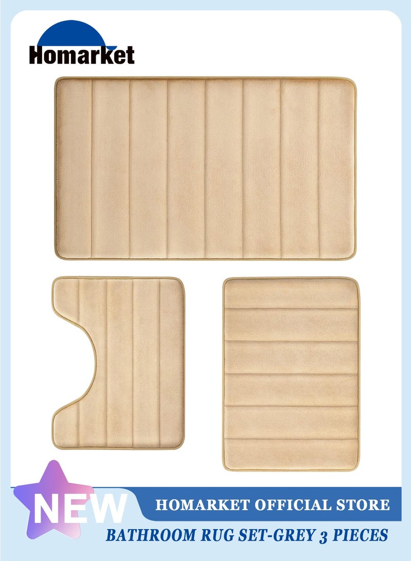 HomarKet Bathroom Rug Set Memory Foam Non Slip Extra Soft Absorbent Machine Washable and Dry Pedestal Mat Set for Bathroom Floor Beige 3 Pieces  - Image 1