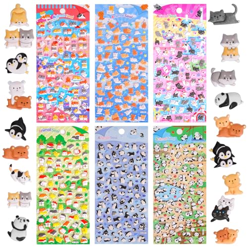 Jactales Cute Mini Puffy Animal Stickers for Girls AdultsKawaii Tiny 3D Penguin Cat Puppy Panda Bear Sticker for KidsSmall Raised Puff Stickers for Notebook Phone Digital Camera Deco6 Sheets - Image 1