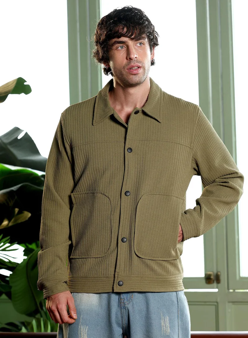 Campus Sutra Men Crease-Tactile Panelled Jacket | Point Collar, Long Button-Cuff Sleeves | Snap Button , Band-Straight Hem | Solid Textured | Woven Fabric For Casual & Daily Wear | Olive Green