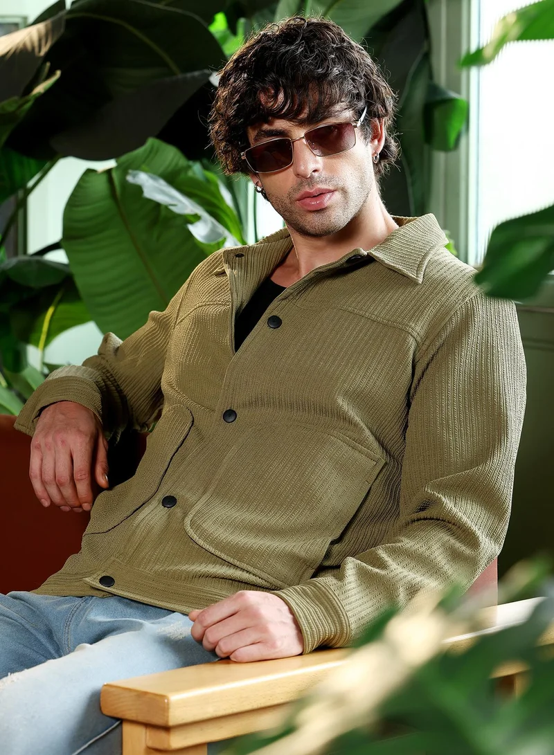 Campus Sutra Men Crease-Tactile Panelled Jacket | Point Collar, Long Button-Cuff Sleeves | Snap Button , Band-Straight Hem | Solid Textured | Woven Fabric For Casual & Daily Wear | Olive Green