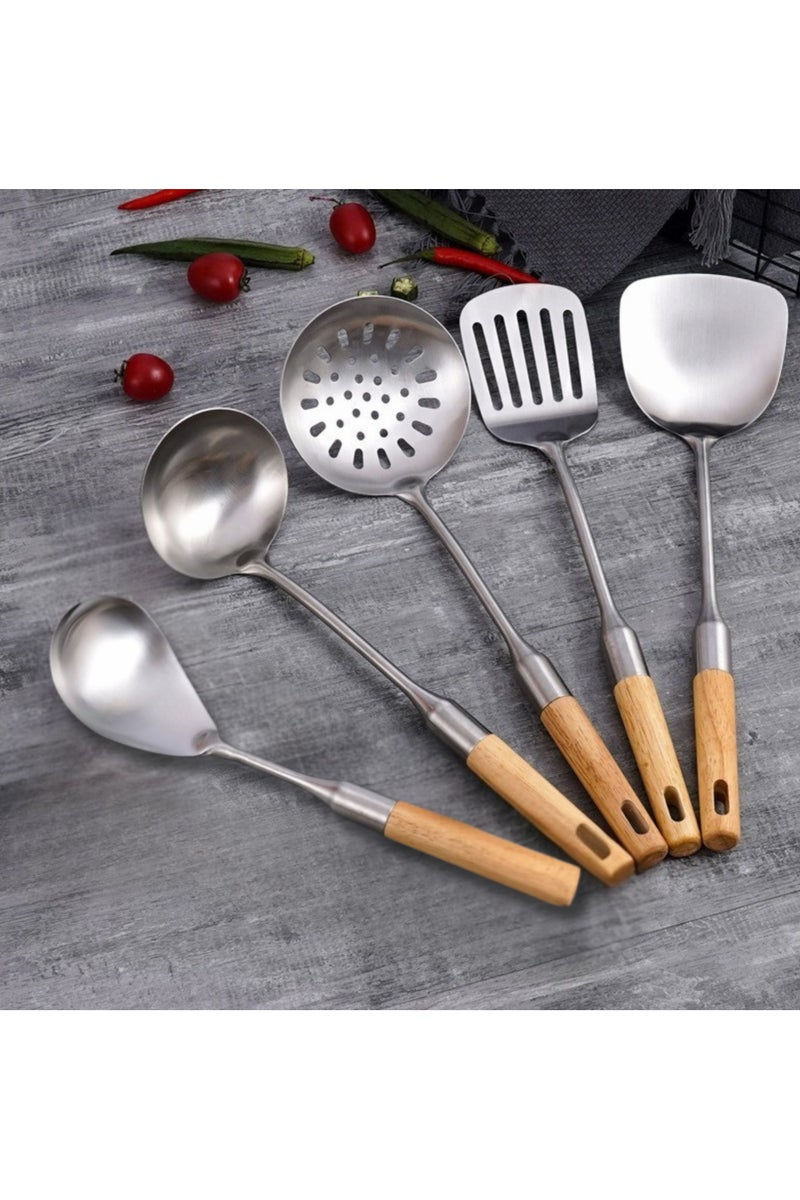 FIRST PRO طقم أدوات تقديم من الفولاذ المقاوم للصدأ مكون من 5 قطع مع مقابض خشبية – ملاعق مطبخ وبوفيه متينة – أدوات طهي وتقديم متعددة الاستخدامات للمنزل والمقهى والمطعم - Image 2