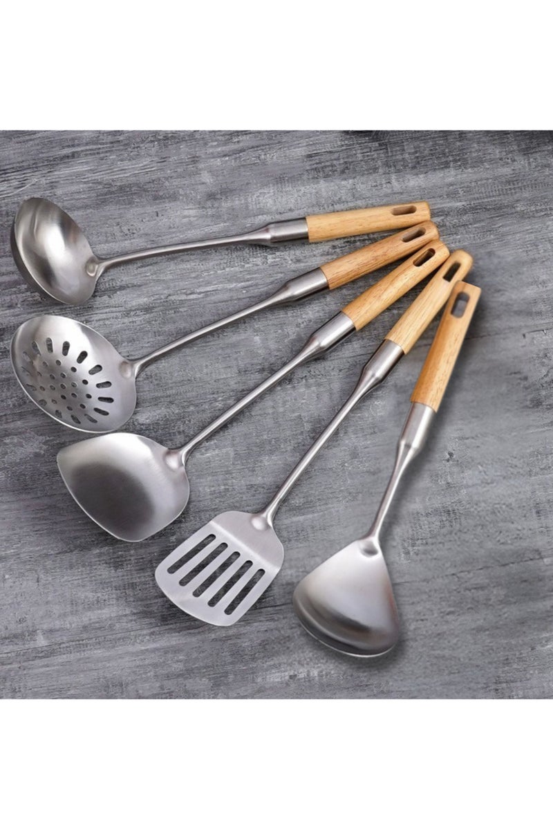 FIRST PRO طقم أدوات تقديم من الفولاذ المقاوم للصدأ مكون من 5 قطع مع مقابض خشبية – ملاعق مطبخ وبوفيه متينة – أدوات طهي وتقديم متعددة الاستخدامات للمنزل والمقهى والمطعم - Image 5
