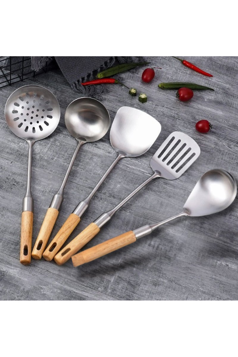 FIRST PRO طقم أدوات تقديم من الفولاذ المقاوم للصدأ مكون من 5 قطع مع مقابض خشبية – ملاعق مطبخ وبوفيه متينة – أدوات طهي وتقديم متعددة الاستخدامات للمنزل والمقهى والمطعم - Image 4