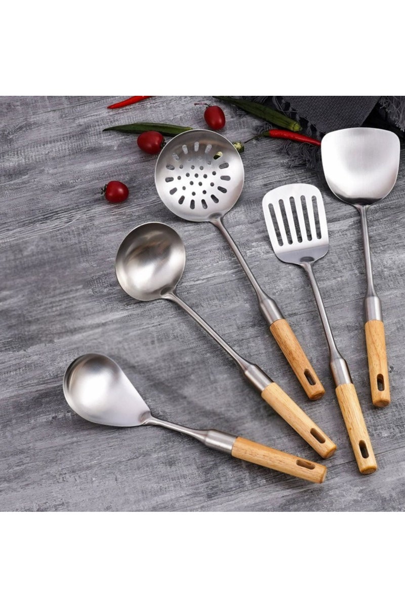 FIRST PRO طقم أدوات تقديم من الفولاذ المقاوم للصدأ مكون من 5 قطع مع مقابض خشبية – ملاعق مطبخ وبوفيه متينة – أدوات طهي وتقديم متعددة الاستخدامات للمنزل والمقهى والمطعم - Image 3