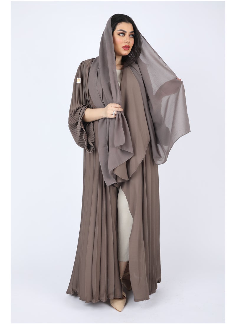 FULL JOY - Maxi  Plissé Abaya with Long Wide Sleeves ,Brown - Image 1