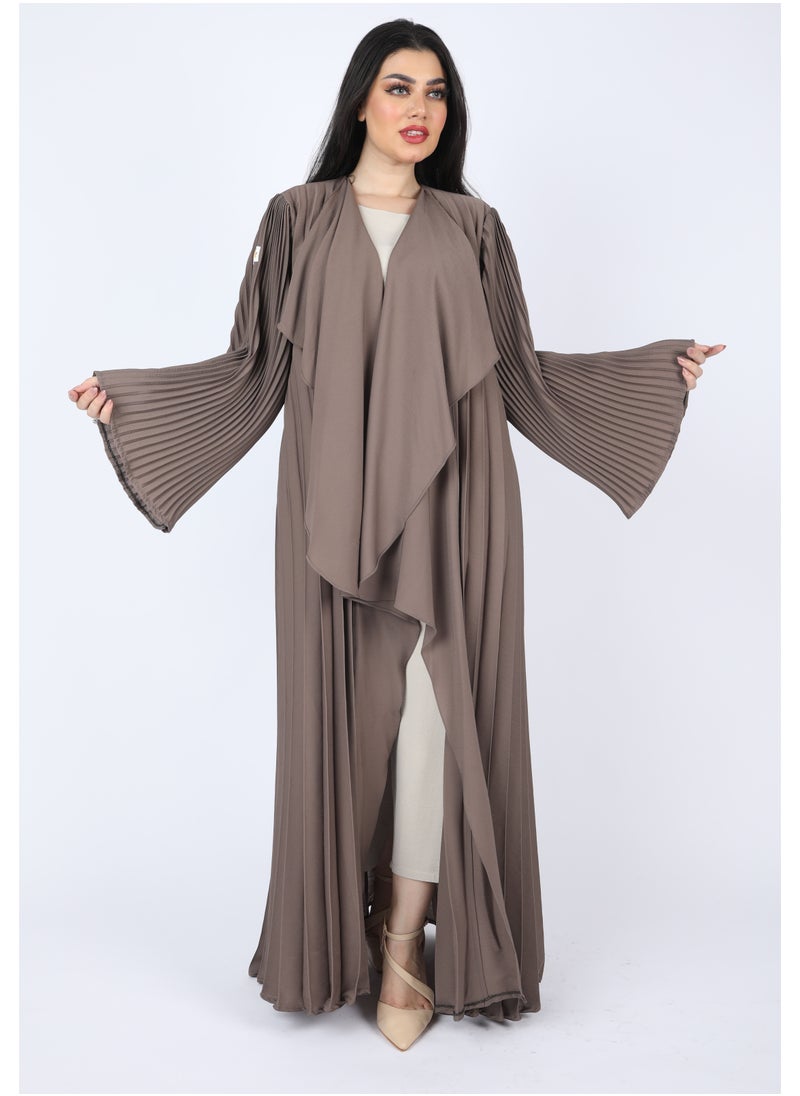 FULL JOY - Maxi  Plissé Abaya with Long Wide Sleeves ,Brown - Image 1