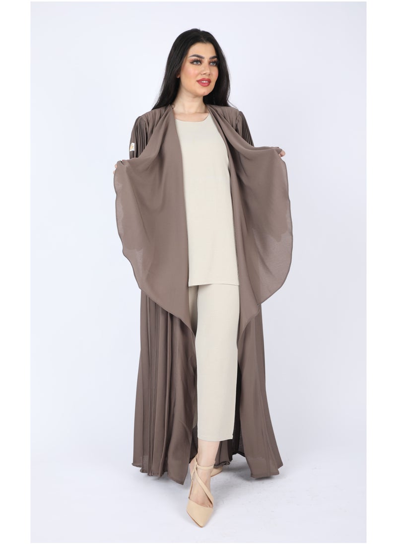 FULL JOY - Maxi  Plissé Abaya with Long Wide Sleeves ,Brown - Image 1
