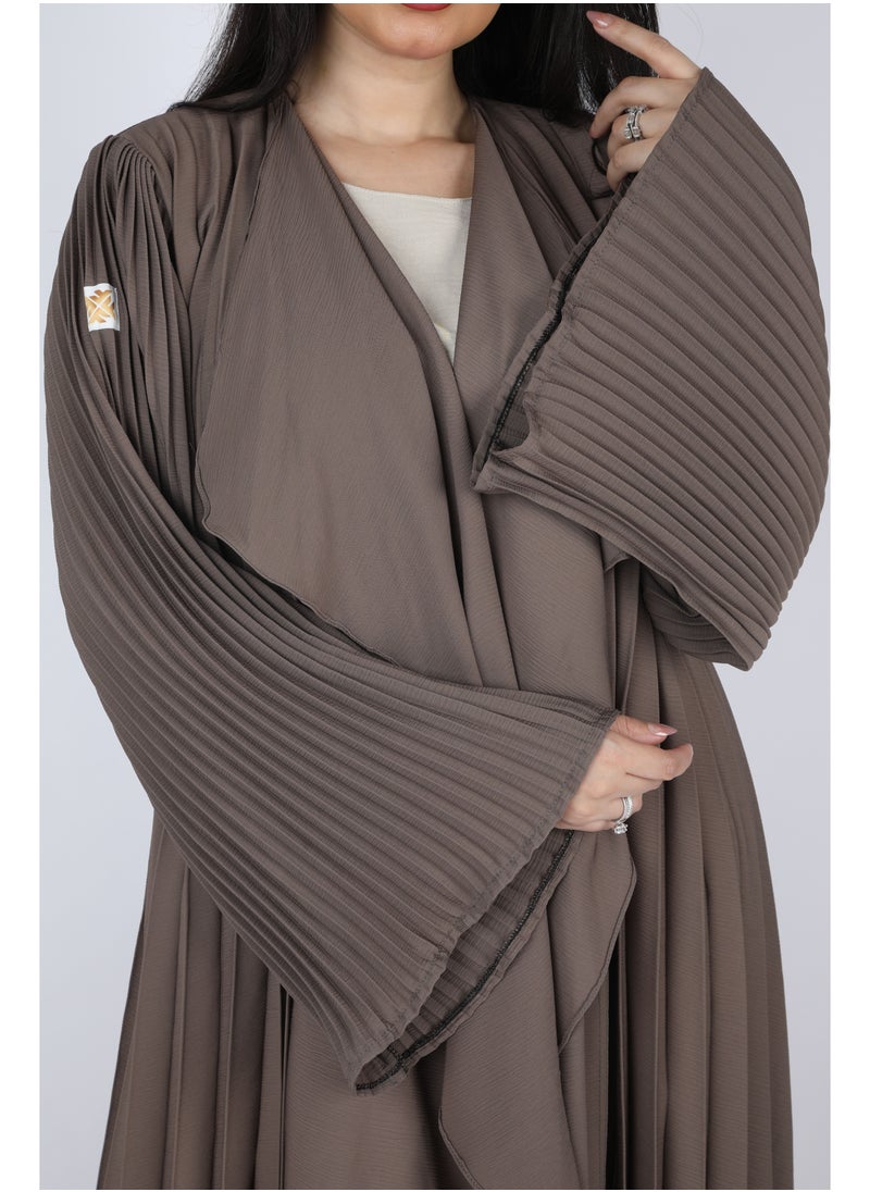 FULL JOY - Maxi  Plissé Abaya with Long Wide Sleeves ,Brown - Image 1