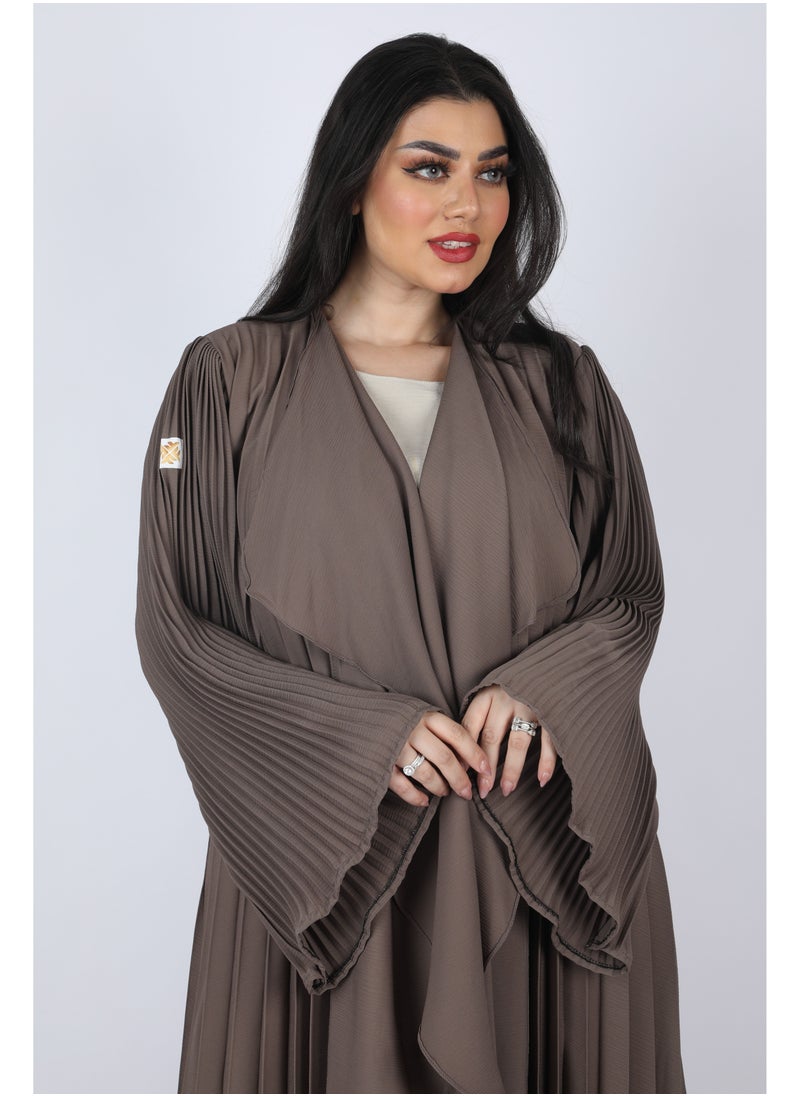 FULL JOY - Maxi  Plissé Abaya with Long Wide Sleeves ,Brown - Image 1