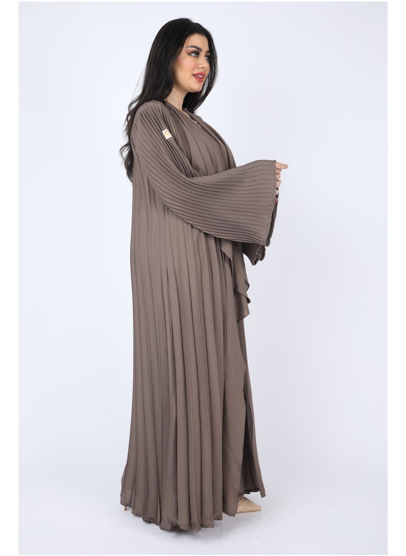 FULL JOY - Maxi  Plissé Abaya with Long Wide Sleeves ,Brown - Image 1