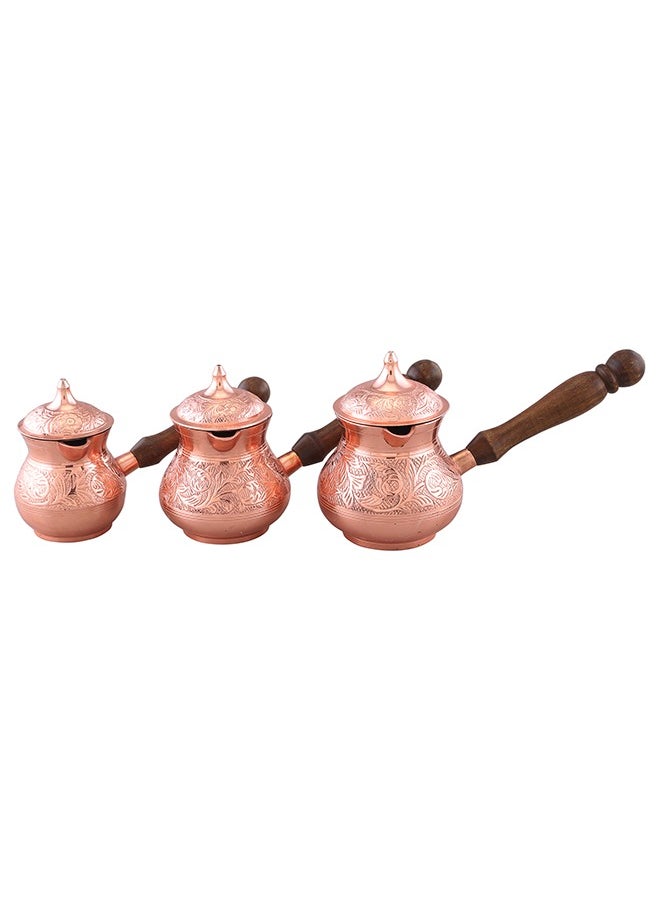 Majestic Majestic Copper Turkish Coffee Pot Set – 3-Piece Set (250 ml, 360 ml, 480 ml) – Elegant Floral Engraving, Wooden Handle, Perfect for Turkish Coffee, Arabic Coffee, and Tea Brewing  - Image 1