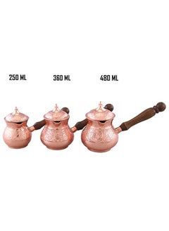 Majestic Copper Turkish Coffee Pot Set – 3-Piece Set (250 ml, 360 ml, 480 ml) – Elegant Floral Engraving, Wooden Handle, Perfect for Turkish Coffee, Arabic Coffee, and Tea Brewing - pzsku/ZD4D45A1B604839534F9FZ/45/_/1732256040/d0127bb3-f6be-4c23-9326-5d598cf336a7