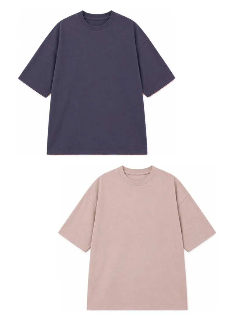 Abitos Navy Blue & Light Brown Daily Double Heavyweight Oversized Tshirts 2 Pack for Men | Best Price UAE