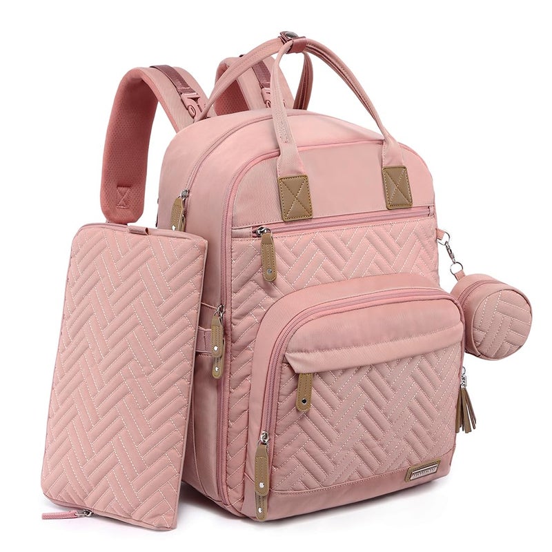 iniuniu Diaper Bag Backpack, 4 in 1 kit Large Unisex Baby Bags for Boys Girls, Waterproof Travel Back Pack with Diaper Pouch, Washable Changing Pad, Pacifier Case and Stroller Straps, Pink - Image 1