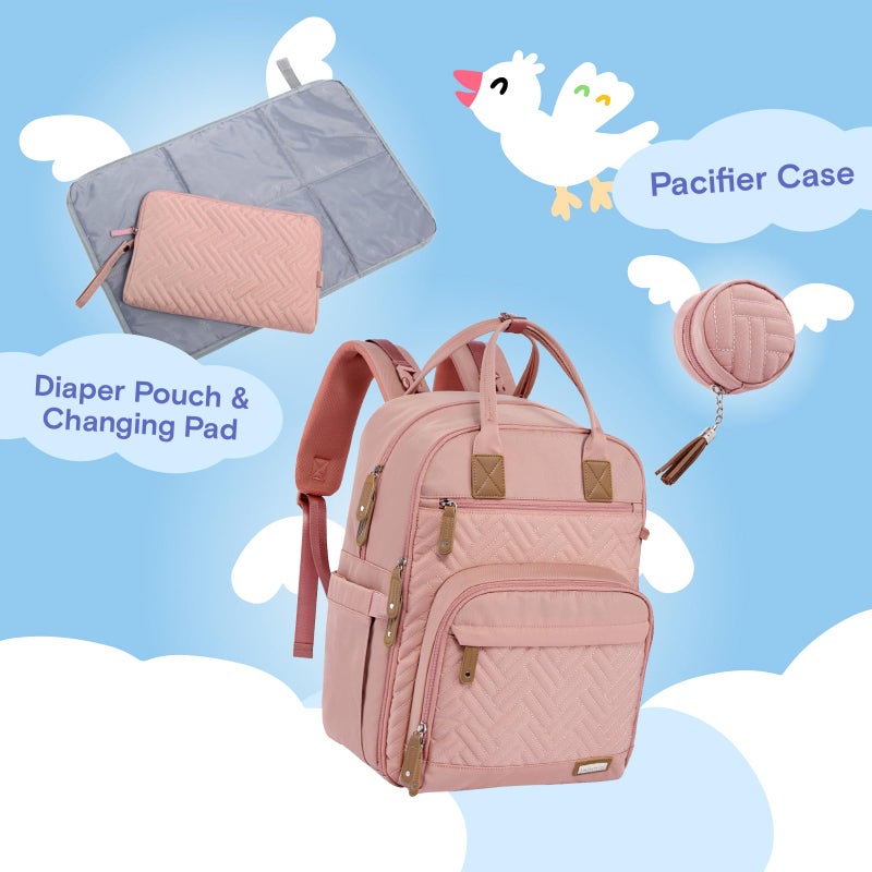iniuniu Diaper Bag Backpack, 4 in 1 kit Large Unisex Baby Bags for Boys Girls, Waterproof Travel Back Pack with Diaper Pouch, Washable Changing Pad, Pacifier Case and Stroller Straps, Pink - Image 2