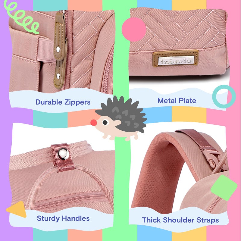 iniuniu Diaper Bag Backpack, 4 in 1 kit Large Unisex Baby Bags for Boys Girls, Waterproof Travel Back Pack with Diaper Pouch, Washable Changing Pad, Pacifier Case and Stroller Straps, Pink - Image 5
