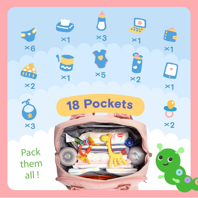 iniuniu Diaper Bag Backpack, 4 in 1 kit Large Unisex Baby Bags for Boys Girls, Waterproof Travel Back Pack with Diaper Pouch, Washable Changing Pad, Pacifier Case and Stroller Straps, Pink - Image 4