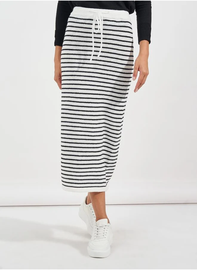 Styli Striped Knit Midi Skirt with Drawstring