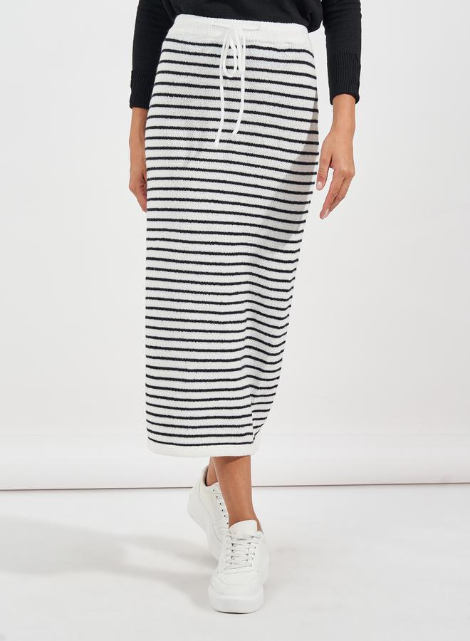 Styli Striped Knit Midi Skirt with Drawstring  - Image 3