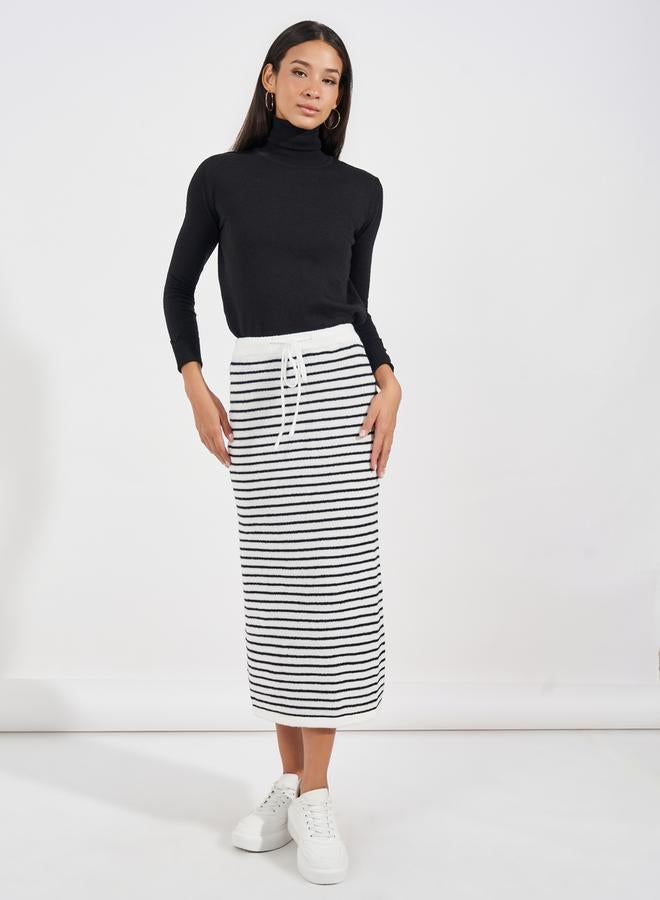 Styli Striped Knit Midi Skirt with Drawstring  - Image 1