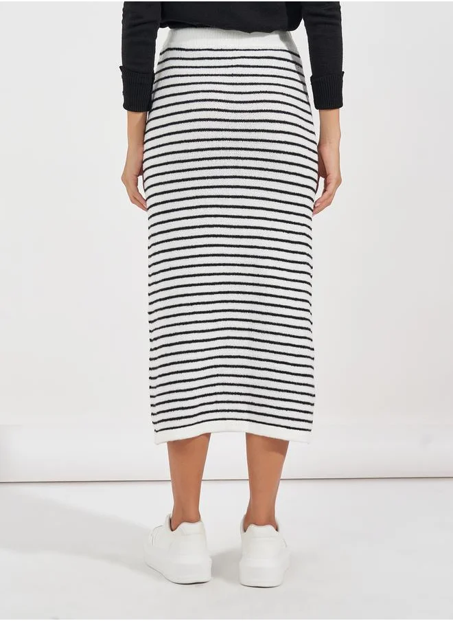 Styli Striped Knit Midi Skirt with Drawstring