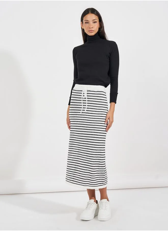 Styli Striped Knit Midi Skirt with Drawstring