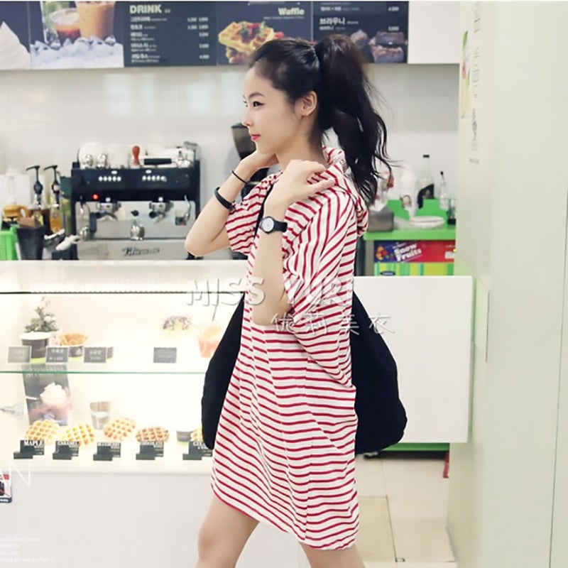 2024 spring and summer new fashion striped dress womens hooded mid-length short sleeve dress artistic loose fashion Red - Image 1