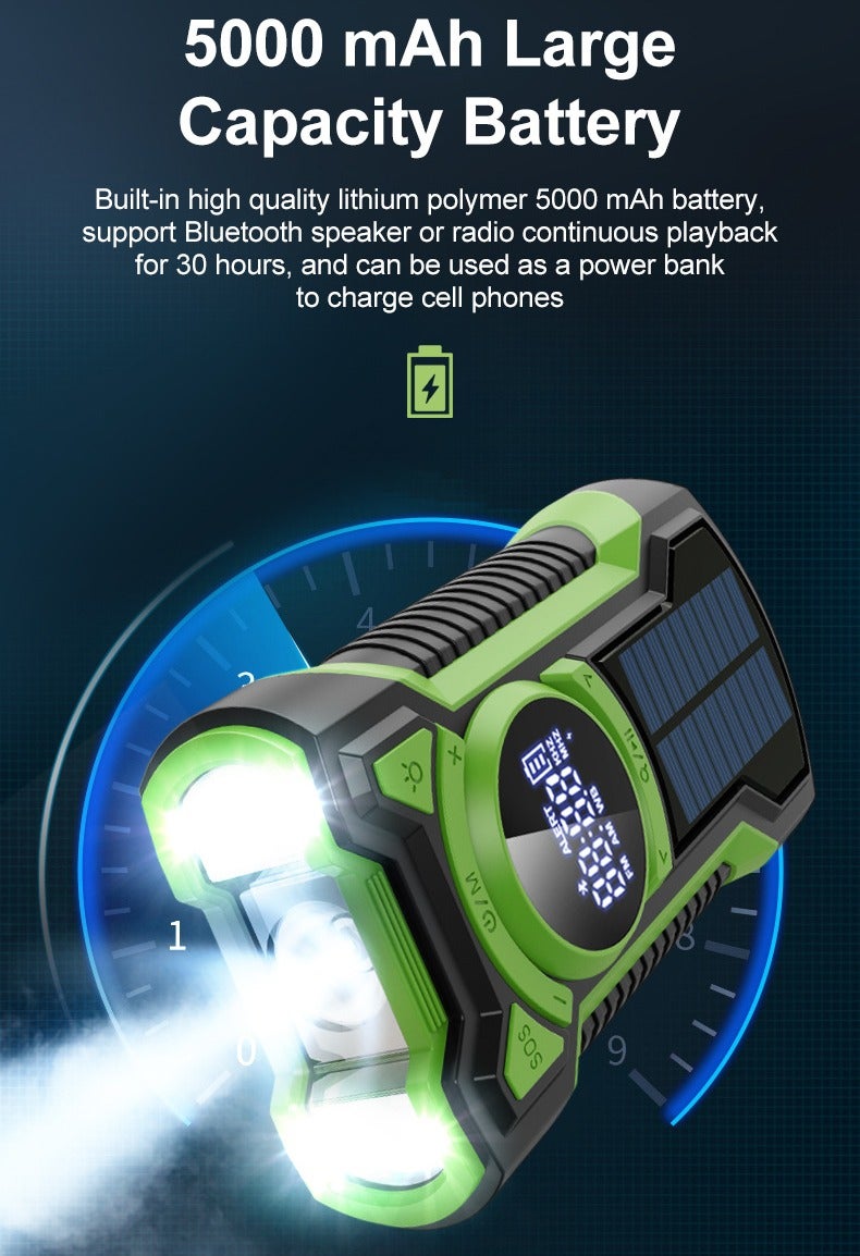 5000mAh Hand Crank Emergency Radio Flashlight, Solar Powered Multi Function Radio with Bluetooth, AM FM NOAA Weather Band, USB Charging, IPX5 Water Resistant Outdoor Portable(Green) - Image 2