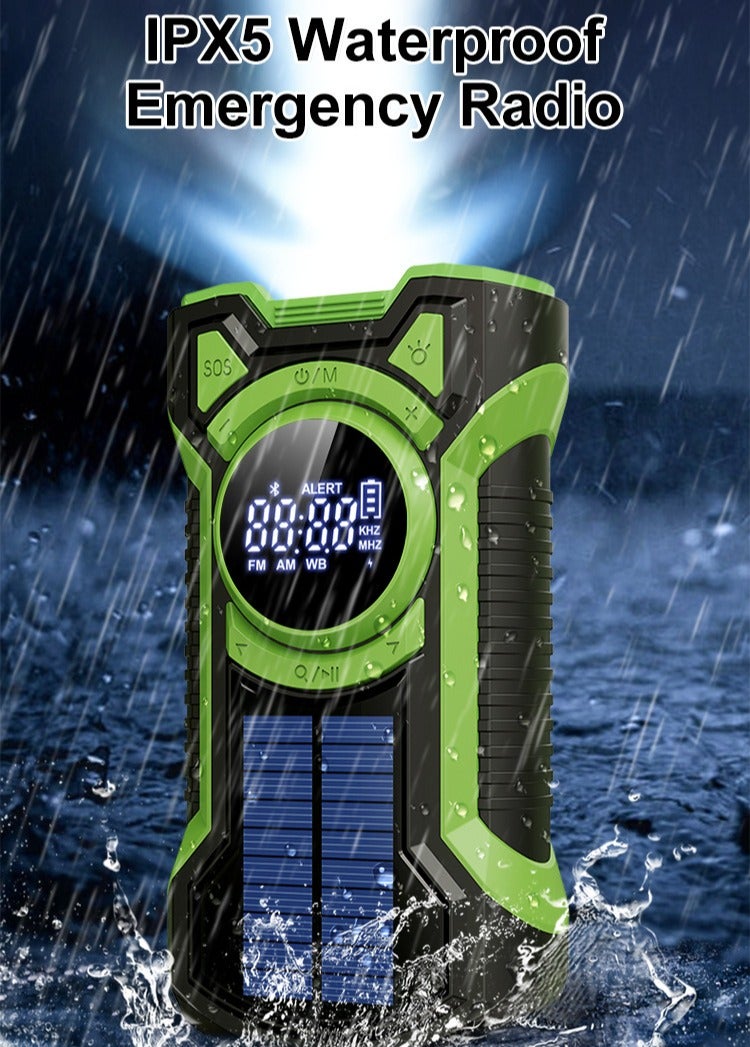 5000mAh Hand Crank Emergency Radio Flashlight, Solar Powered Multi Function Radio with Bluetooth, AM FM NOAA Weather Band, USB Charging, IPX5 Water Resistant Outdoor Portable(Green) - Image 3