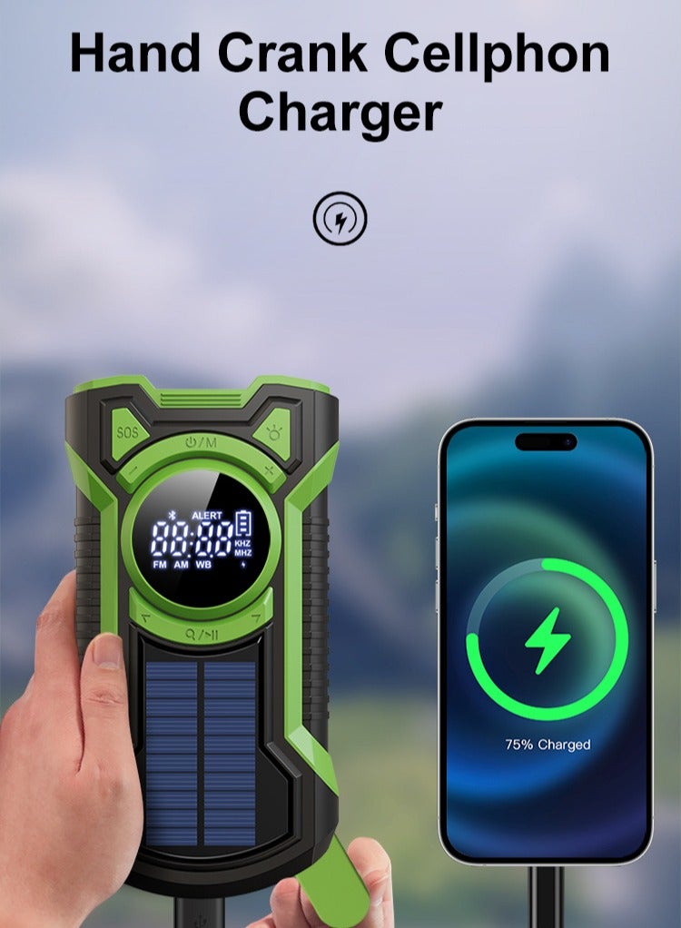 5000mAh Hand Crank Emergency Radio Flashlight, Solar Powered Multi Function Radio with Bluetooth, AM FM NOAA Weather Band, USB Charging, IPX5 Water Resistant Outdoor Portable(Green) - Image 4