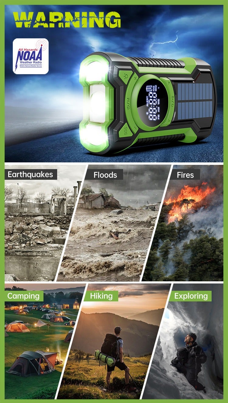 5000mAh Hand Crank Emergency Radio Flashlight, Solar Powered Multi Function Radio with Bluetooth, AM FM NOAA Weather Band, USB Charging, IPX5 Water Resistant Outdoor Portable(Green) - Image 5