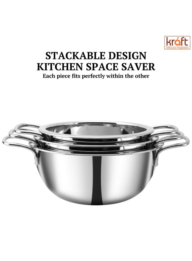 Kraft Stainless Steel Serving Bowl Set - 3 Pc (0.84L, 1.3L, 1.5L) - Mirror Finish, Food Grade Steel - Image 3