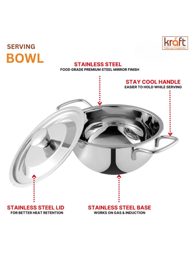 Kraft Stainless Steel Serving Bowl Set - 3 Pc (0.84L, 1.3L, 1.5L) - Mirror Finish, Food Grade Steel - Image 2