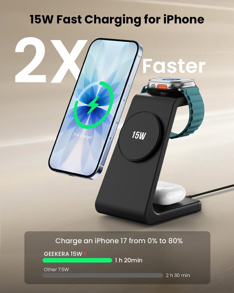 محطة الشحن اللاسلكي GEEKERA 3 في 1، حامل شحن لاسلكي مغناطيسي سريع Qi2 بقوة 15 واط لأجهزة Apple، قاعدة شحن قابلة للطي للسفر لهواتف iPhone 17 و16 و15 و14 و13 و12، لساعة Apple Watch وسماعات AirPods - Image 2