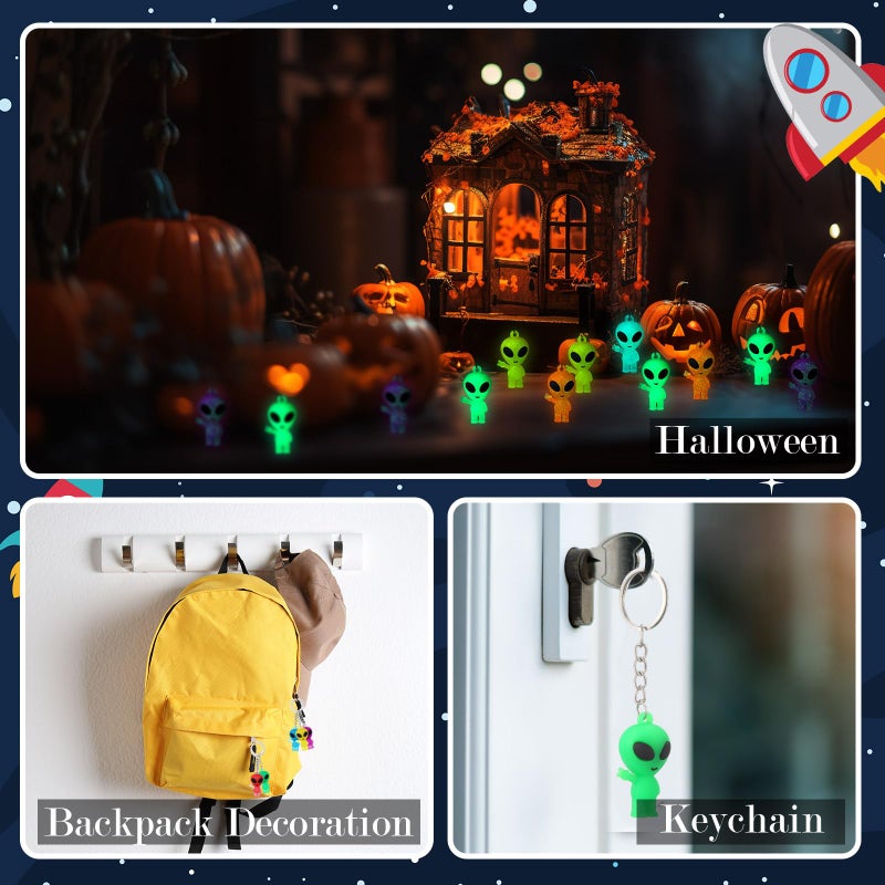 Equsion 50 Pcs Alien Party Favors Alien Keychains Glow in The Dark Space Keychain Mini Aliens Figures Little Bulk Gift Prizes Goodie Bag PiÃ±ata Halloween Stuffers for Music Festival Easter (Colorful) - Image 4
