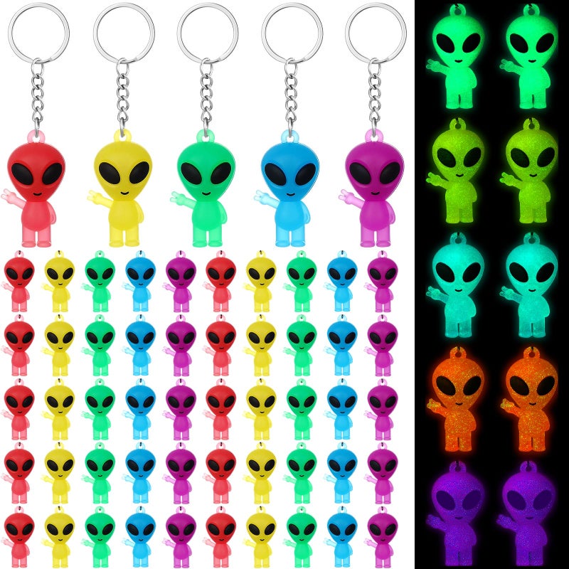 Equsion 50 Pcs Alien Party Favors Alien Keychains Glow in The Dark Space Keychain Mini Aliens Figures Little Bulk Gift Prizes Goodie Bag PiÃ±ata Halloween Stuffers for Music Festival Easter (Colorful) - Image 1