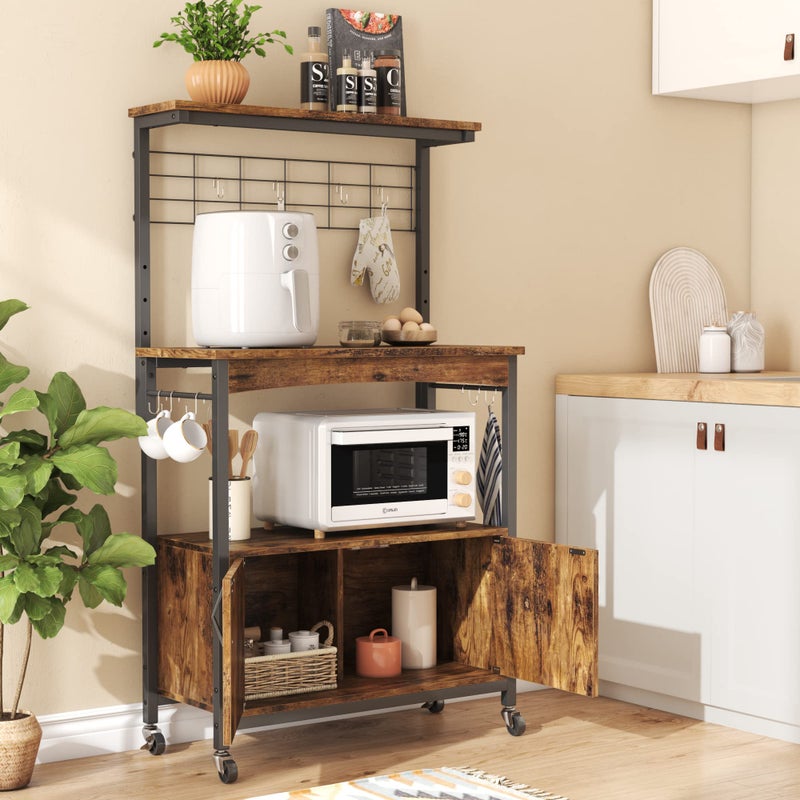 Bestier Bestier Bakers Racks with Storage Cabinet HeightAdjustable 45 to 55 Microwave Stand for Kitchen with Wheels  Feet Industrial Rolling Coffee Bar Shelf with 10 SHooks Rustic Brown 